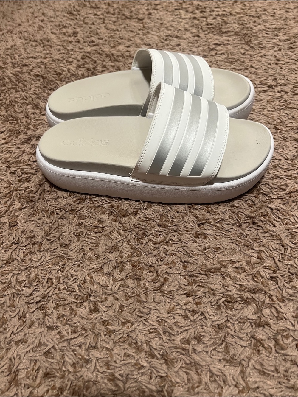 adidas White Women’s Slide Sandals with Silver Stripes